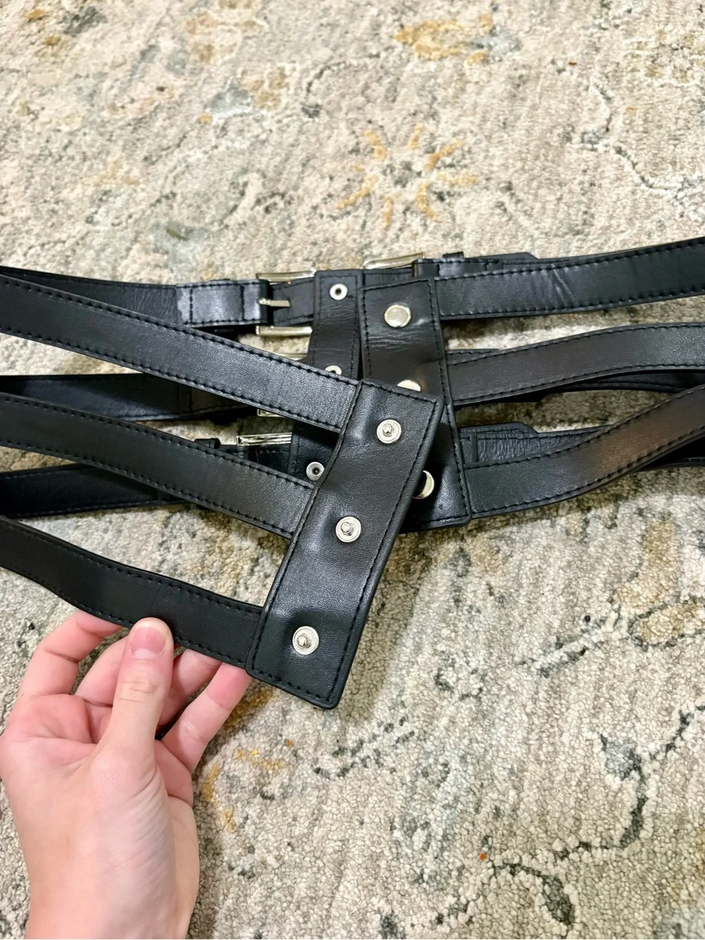 Black Triple-Buckle Leather Waist Belt for Women